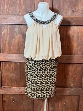 fab'rik Cream Blouson Mini Dress with Black & Cream Patterned Skirt